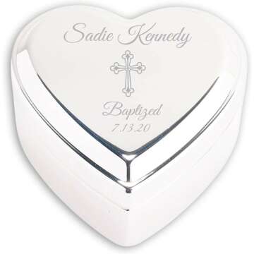 Cherished Moments Personalized Heart Jewelry Keepsake Box with Custom Engraved Cross and Name for Baby Baptism Gift for Girls, Silver Toned