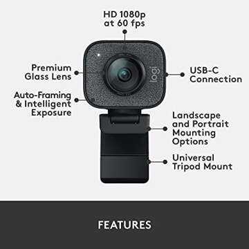 Logitech for Creators StreamCam Premium Webcam for Streaming and Content Creation, Full HD 1080p 60 fps, Glass Lens, Smart Auto-Focus, for PC/Mac – Graphite