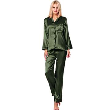 SWOMOG Womens Christmas Pajamas Set Silk Satin Sleepwear Long Sleeve Nightwear Button Down Pj Lounge Army Green