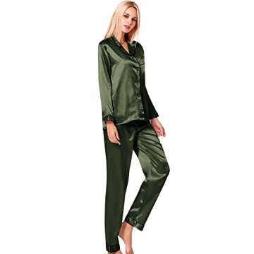 SWOMOG Womens Christmas Pajamas Set Silk Satin Sleepwear Long Sleeve Nightwear Button Down Pj Lounge Army Green