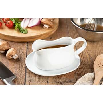 Kook Gravy Boat & Saucer, 17 oz, Ceramic Serving Dish, Dispenser with Tray for Sauces, Dressings and Creamer, Large Handle, Microwave and Dishwasher Safe, White (Classic Gravy Boat)