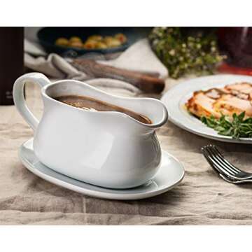 Kook Gravy Boat & Saucer, 17 oz, Ceramic Serving Dish, Dispenser with Tray for Sauces, Dressings and Creamer, Large Handle, Microwave and Dishwasher Safe, White (Classic Gravy Boat)