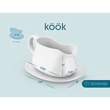 Kook Gravy Boat & Saucer, 17 oz, Ceramic Serving Dish, Dispenser with Tray for Sauces, Dressings and Creamer, Large Handle, Microwave and Dishwasher Safe, White (Classic Gravy Boat)