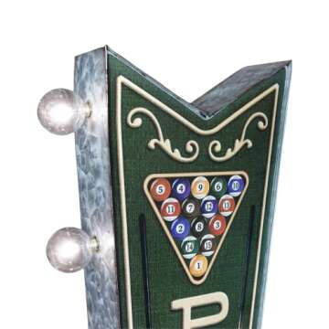 Pool Hall Billiards Double-Sided Marquee Sign With Vintage Print And LED Bulbs Retro Inspired Decor For The Home (25” x 3” x 8”)