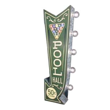 Pool Hall Billiards Double-Sided Marquee Sign With Vintage Print And LED Bulbs Retro Inspired Decor For The Home (25” x 3” x 8”)