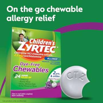 Zyrtec Children's Dye-Free Chewables for 24 Hour Allergy Relief, 2.5 mg Cetirizine HCl Antihistamine Tablets, Kids Allergy Medicine Relieves Sneezing & Itchy Nose & Throat, Grape, 24 ct