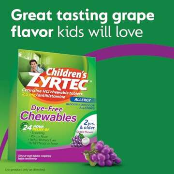 Zyrtec Children's Dye-Free Chewables for 24 Hour Allergy Relief, 2.5 mg Cetirizine HCl Antihistamine Tablets, Kids Allergy Medicine Relieves Sneezing & Itchy Nose & Throat, Grape, 24 ct