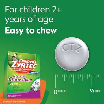 Zyrtec Children's Dye-Free Chewables for 24 Hour Allergy Relief, 2.5 mg Cetirizine HCl Antihistamine Tablets, Kids Allergy Medicine Relieves Sneezing & Itchy Nose & Throat, Grape, 24 ct