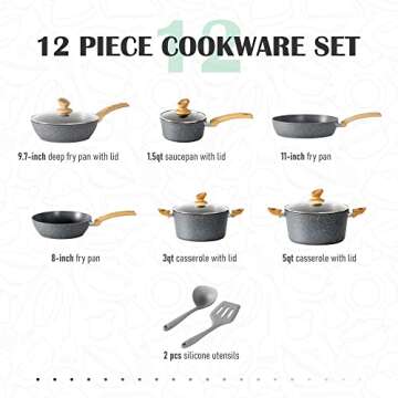 MAISON ARTS Pots and Pans Set Non Stick, 12 Piece Grey Granite Kitchen Cookware Induction Compatible, Pot and Pan Sets for Cooking Nonstick