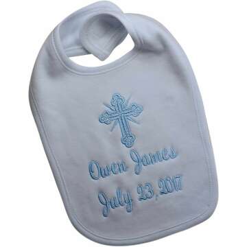 Funny Girl Designs Christening Bib for Baby Boys Personalized with Baptism Date and Name in LIGHT BLUE THREAD