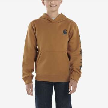 Carhartt Boys' Long Sleeve Hooded Sweatshirt, Brown, Small (7/8)