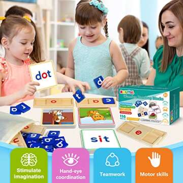 Learnign Toys for 2 3 4 5 6 Years Old Boys Girls, Wooden CVC Reading Spelling Game for Kids, Preschool Kindergarden Learning Activities, Educational Toys Gifts for 2-4 3-5 4-6 Year Old Kids