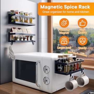 Mr Rabbi Magnetic Spice Rack for Refrigerator, 4 Pack Magnetic Fridge Organizer, Metal Spice Rack Organizer Magnetic Shelf for Refrigerator and Microwave Oven with 2 hooks