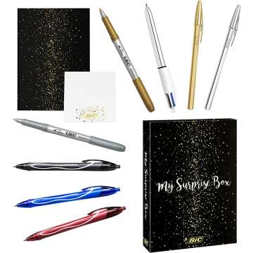 BIC My Surprise Box Gift Set of 14 Writing Products, 4 Ballpoint Pens/ 5 Metallic Felt-Tip Pens/ 5 Gel Pens, 1 Repositionable Pad and 1 A5 Notebook White