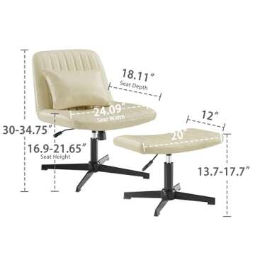 Art Leon Office Chair No Wheels - with Ottoman and Pillow, Armless Desk Chair No Wheels, Criss Cross Chair, Modern Swivel Height Adjustable Wide Seat Computer Task Vanity Chair, Off White Faux Leather