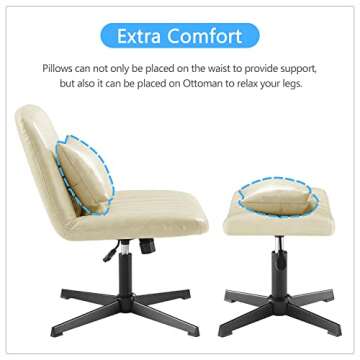 Art Leon Office Chair No Wheels - with Ottoman and Pillow, Armless Desk Chair No Wheels, Criss Cross Chair, Modern Swivel Height Adjustable Wide Seat Computer Task Vanity Chair, Off White Faux Leather