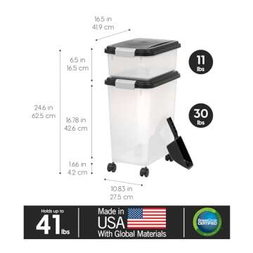 IRIS USA Dog Food Storage Container, 30 lbs & 11 lbs Combo, Cat Food Storage Container, Dog Treat Container, Airtight, Stackable, 2-Cup Scoop, Wheels, Easy Mobility, Black