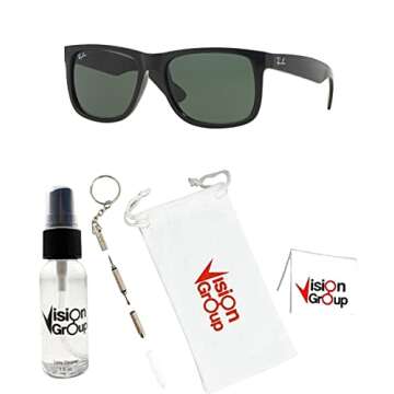 Ray-Ban RB4165 Justin Sunglasses + Vision Group Accessories Bundle (Black/Dark Green (601/71),55), unisex-adult