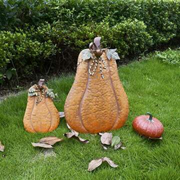 YK Decor Metal Pumpkin Harvest Fall Decor Thanksgiving Halloween Outdoor Yard Garden Decor Free Standing Pumpkin Decorations for Home (H-13.5")