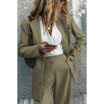 PRETTYGARDEN Women's Fall Two Piece Outfits Dressy Blazer Jacket and Wide Leg Pants Pockets Business Casual Office Suit Sets (Army Green,Small)