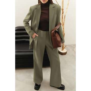 PRETTYGARDEN Women's Fall Two Piece Outfits Dressy Blazer Jacket and Wide Leg Pants Pockets Business Casual Office Suit Sets (Army Green,Small)