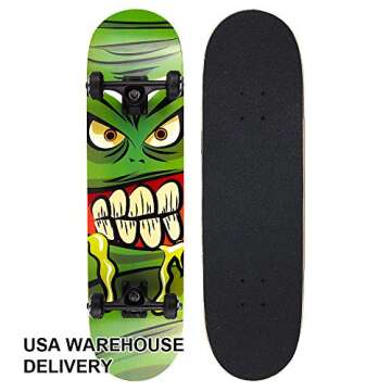 NPET Pro Skateboard Complete 31 Inch 7 Layer Canadian Maple Double Kick Concave Deck Skating Skateboard - Green Monster