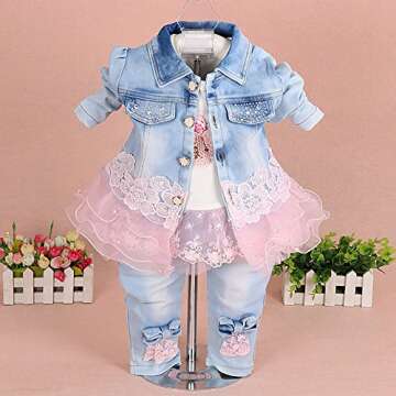 Yao Little Girls Denim Clothing Sets 3 Pieces Sets T Shirt Denim Jacket and Jeans(Pink,4-5Years)