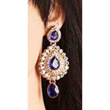 Touchstone Indian Bollywood Desire Contemporary Diamond Look White Rhinestone Faux Blue Sapphire Designer Jewelry Chandelier Earrings In Antique Gold Tone For Women.