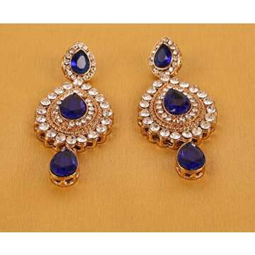 Touchstone Indian Bollywood Desire Contemporary Diamond Look White Rhinestone Faux Blue Sapphire Designer Jewelry Chandelier Earrings In Antique Gold Tone For Women.