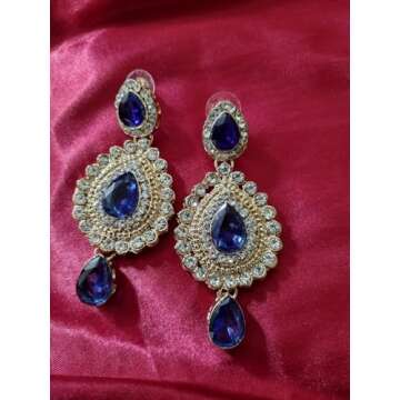 Touchstone Indian Bollywood Desire Contemporary Diamond Look White Rhinestone Faux Blue Sapphire Designer Jewelry Chandelier Earrings In Antique Gold Tone For Women.