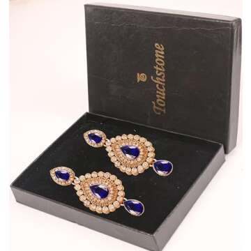 Touchstone Indian Bollywood Desire Contemporary Diamond Look White Rhinestone Faux Blue Sapphire Designer Jewelry Chandelier Earrings In Antique Gold Tone For Women.