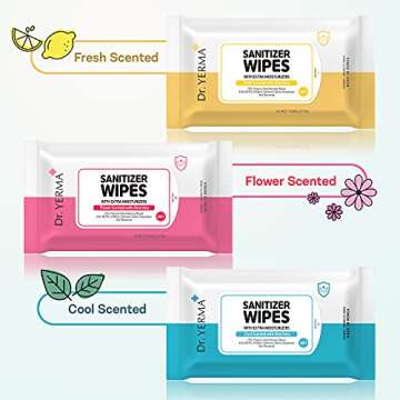 Dr. YERMA 70% Alcohol Hand Sanitizer Wipes with Aloe Vera & Extra Moisturizers, 10 Packs of 20 (200 wipes) Travel Size, Vegan Flower Scented, Eliminates 99.9% of Germs