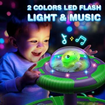 Flooyes Dinosaur Sit and Spin Toys for Toddlers Boys 1 2 3 Years Old, Birthday Gift for Boys Age 2-4 with LED Lights and Music, 360° Spin