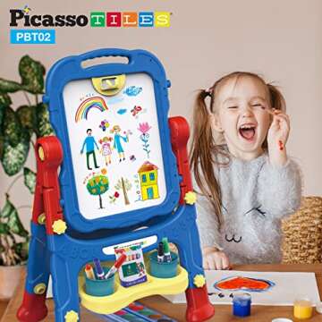 PicassoTiles All-in-one Kids Art Easel Drawing Board, Chalkboard & Whiteboard with Art Accessories, Toddler Toys, Children Learning Tools - Gift for Age 3 to 8 Years Old Kids, Boys, Girls, PBT02