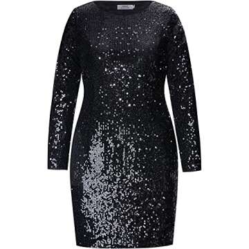 Pinup Fashion Plus Size Sequin Dresses Black Long Sleeve New Year Party Sparkle Sparkly Cocktail Glitter Prom Mini Bodycon Dress Women