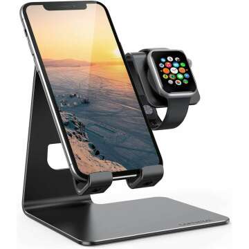 Stand for Apple Watch Phone Holder 2 in 1 : Lamicall Desktop Stand Holder Charging Station Dock Compatible with Apple Watch SE Series 8/7/6/5/4/3/2 Ultra, and Phone 14 13 Plus Pro 12 Mini 11 XS Max X