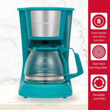 Holstein Housewares - 5 Cup Drip Coffee Maker - Convenient and User Friendly with Permanent Filter, Borosilicate Glass Carafe, Water Level Indicator, Auto Pause /Serve and Keep Warm Functions, Teal