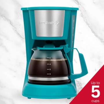 Holstein Housewares - 5 Cup Drip Coffee Maker - Convenient and User Friendly with Permanent Filter, Borosilicate Glass Carafe, Water Level Indicator, Auto Pause /Serve and Keep Warm Functions, Teal