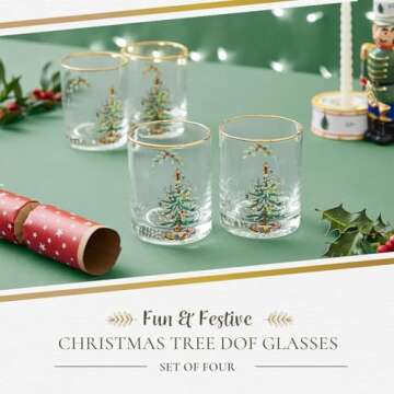 Spode Christmas Tree 14oz Double Old Fashioned Glasses, Set of 4 - Festive Holiday Drinkware with Rustic Christmas Design, Excellent for Whiskey at Holiday Gatherings and Cozy Celebrations