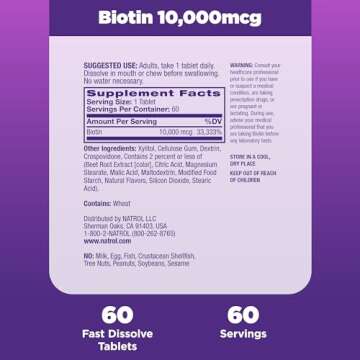 Natrol Beauty Biotin 10000mcg, Dietary Supplement for Healthy Hair, Skin, Nails and Energy Metabolism, 60 Strawberry-Flavored Fast Dissolve Tablets, 60 Day Supply