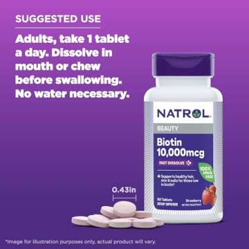 Natrol Beauty Biotin 10000mcg, Dietary Supplement for Healthy Hair, Skin, Nails and Energy Metabolism, 60 Strawberry-Flavored Fast Dissolve Tablets, 60 Day Supply