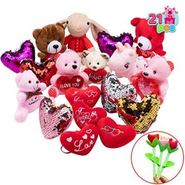 JOYIN 21 Pack Valentine's Day Mini Plush Toys Set, Bear Heart Shape Keychain Rose Flower Bendable Stuffed Toys for Valentine Themed Party Favor, Teacher Student Achievement Award, Kids Gift Exchange