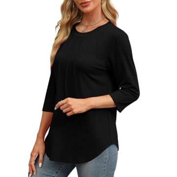 XIEERDUO 3/4 Length Sleeve Womens Tops Dressy Round Neck Black Blouses for Women Business Casual S