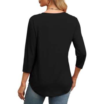 XIEERDUO 3/4 Length Sleeve Womens Tops Dressy Round Neck Black Blouses for Women Business Casual S