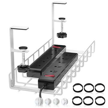 Under Desk Cable Management Tray, Xpatee Upgraded Wire Management No Drill No Screws, Cable Tray with Clamp for Desk Wire Management, Computer Cable Rack for Office, Home - No Damage to Desk White