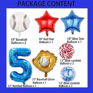 HADCKJA Baseball Balloon Baseball Birthday Party Supplies Number 5 Balloon Baseball Glove Balloon Red Blue Star Red Blue Confetti Balloon for Boy Shower Decorations Birthday Party Decorations 9Pcs