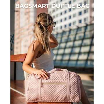 BAGSMART Travel Duffle Bag 31L Quilted Weekender Overnight Bag for Women with Laptop Compartment, Large Carry On Airport Bag with Wet Pocket & Shoe Bag for Business Trips, Sports (Pink)