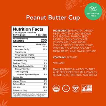 ALOHA Organic Plant Based Protein Bars - Peanut Butter Cup Bar - 12 Bars, Vegan, Low Sugar, Gluten-Free, Low Carb, Non-GMO, No Stevia, No Erythritol