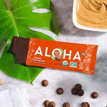 ALOHA Organic Plant Based Protein Bars - Peanut Butter Cup Bar - 12 Bars, Vegan, Low Sugar, Gluten-Free, Low Carb, Non-GMO, No Stevia, No Erythritol