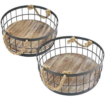 Stonebriar 2pc Round Stackable Metal Wire and Wood Basket Set with Rope Handles, Rustic Decor for Home Storage, Decorative Serving Baskets for Weddings, Birthdays, and Holiday Parties